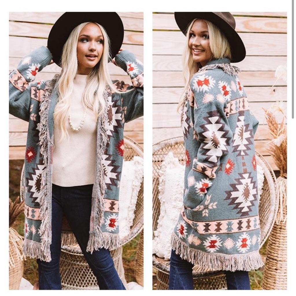Jodifl Cardigan Aztec Print With Fringe. Small.